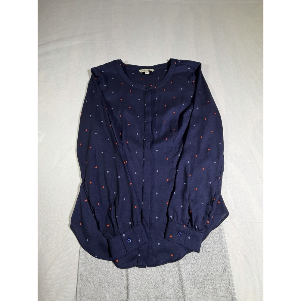 41 Hawthorn Navy Square Polka Dot Button Up Blouse Small Business Casual Top